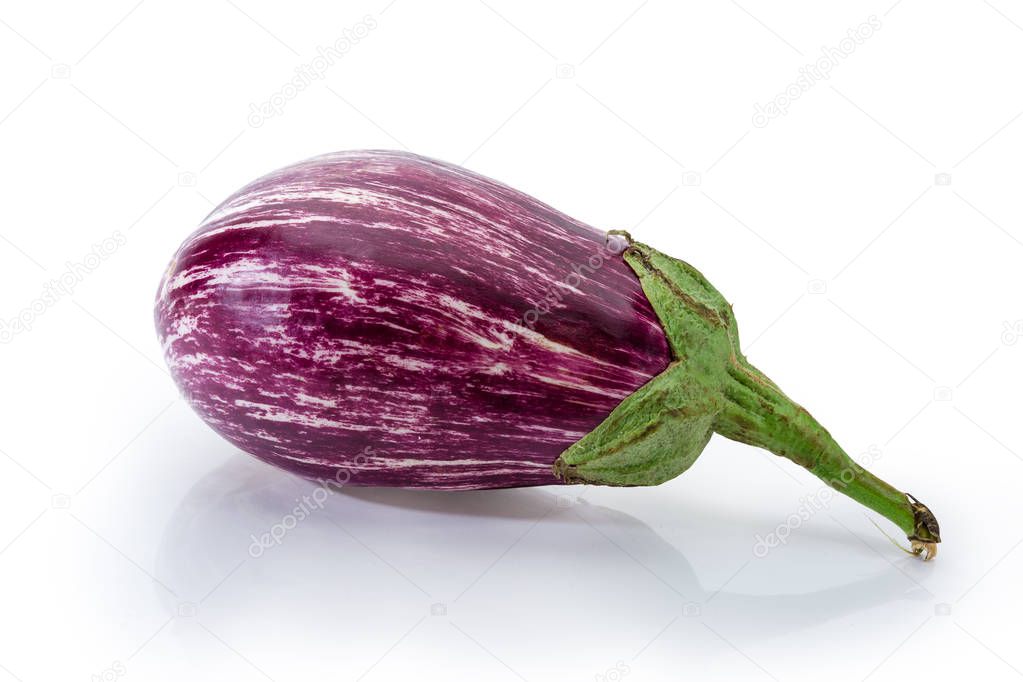 Ripe raw purple and white striped eggplant also known as Graffiti eggplant on a white background