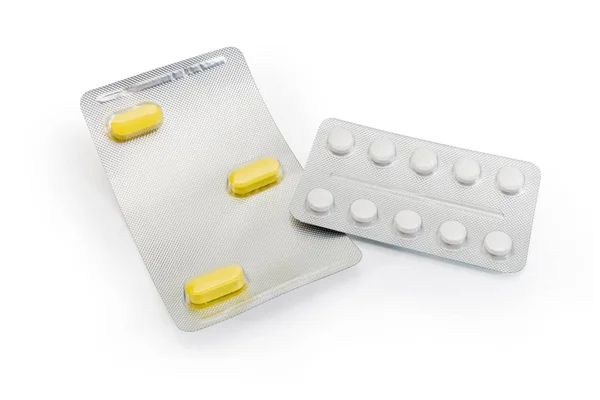 Dos Blisters Con Tres Pastillas Largas Color Amarillo Con Comprimidos — Foto de Stock