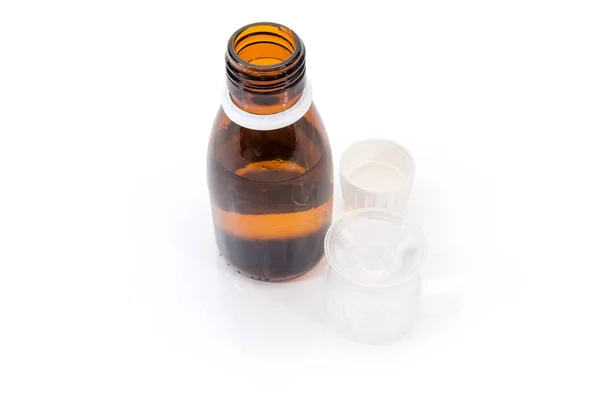 Open Small Brown Bottle Medical Mixture Medicine Measuring Cup White — Stock Photo, Image