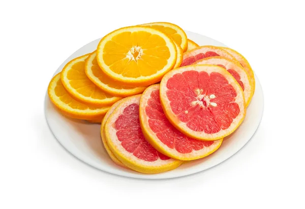 Pile Slices Ripe Oranges Red Grapefruits Peel White Dish White — Stock Photo, Image