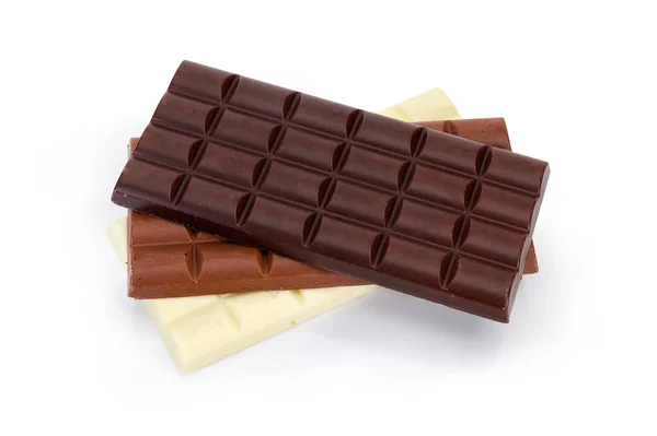 Trois Blocs Entiers Chocolat Poreux Noir Lait Blanc Aéré Sur — Photo