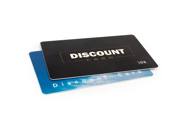 Two plastic discount cards with black and blue background close-up on a white background