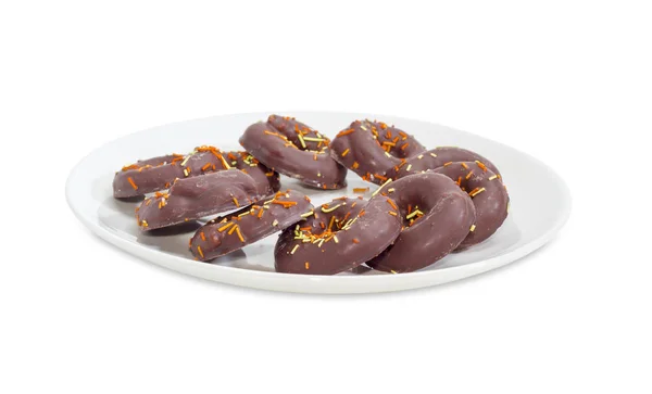 Sušenky Tvaru Kroužků Prosklené Čokoládou Barevné Cukrářské Sypání Detailní Bílé — Stock fotografie