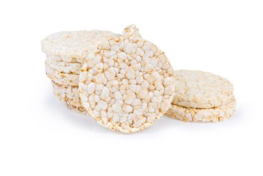 Kuru yuvarlak kahvaltılık crispbreads kahverengi pirinç beyaz zemin üzerine yapılan