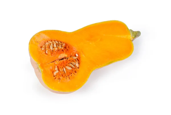 Rijp Geel Oranje Pompoen Snij Doormidden Een Witte Achtergrond — Stockfoto