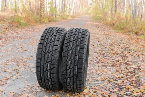 Dois Pneus Carro Inverno Com Piso Assimétrico Estrada Fundo Turvo — Fotografia de Stock