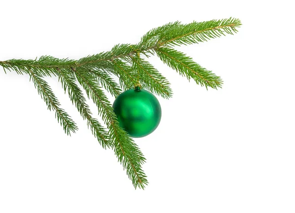 Grüner Lebender Fichtenzweig Mit Hängender Grüner Weihnachtskugel Auf Weißem Hintergrund — Stockfoto