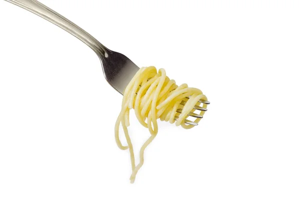 Fragment Stainless Steel Fork Wound Cooked Long Thin Pasta Close — Stock Photo, Image