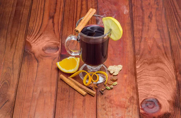 Mulled Wine Glass Mug Slice Lemon Mulling Spices Its Preparation — Stock Photo, Image