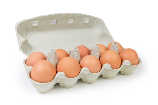 棕色鸡蛋在开放的鸡蛋纸盒为10个鸡蛋由回收纸浆在选择性聚焦在白色背景 — 图库照片