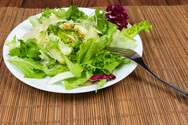 Insalata Foglie Varietà Lattuga Verde Rossa Con Insalata Senape Condimento — Foto Stock