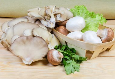 Ham ekili beyaz ve kahverengi champignon ahşap sepet ve yeşillik bir ahşap rustik masa üzerinde istiridye mantar mantar