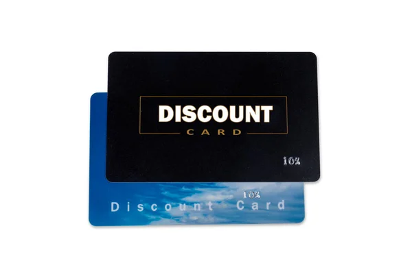 Two Plastic Discount Cards Black Blue Background Close White Background — Stock Photo, Image