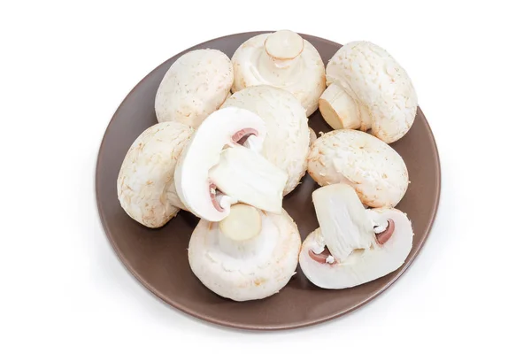 Inteiros Metades Cogumelos Botão Branco Cultivados Não Cozidos Prato Marrom — Fotografia de Stock