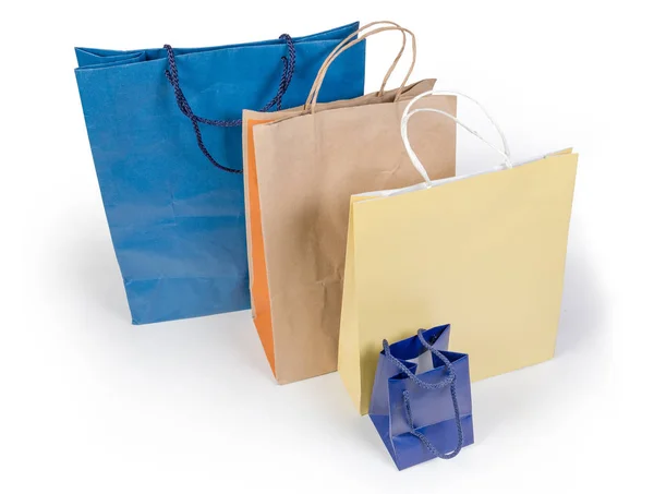 Paper Shopping Flat Bottomed Bags Plastic Different Sizes Colors Handles — Stock Photo, Image