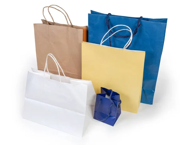 Paper Shopping Flat Bottomed Bags Plastic Different Sizes Colors Handles — Stock Photo, Image