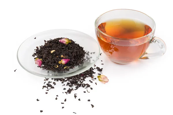 Prepared Black Tea Glass Cup Dried Leaves Black Tea Chinese — Stock Photo, Image