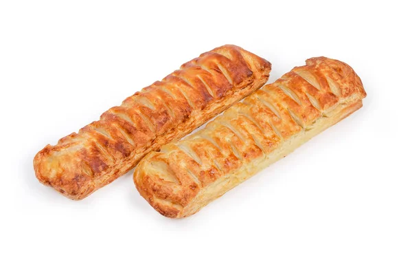 Two Baked Sticks Made Flaky Pastry Filled Cheese White Background — Stock Photo, Image