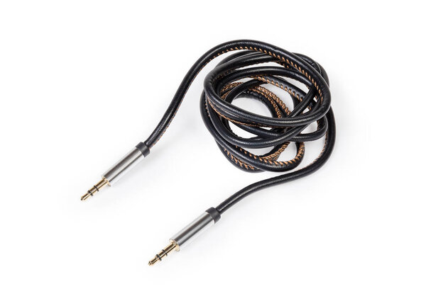 Analog audio cable with mini stereo connectors on white background
