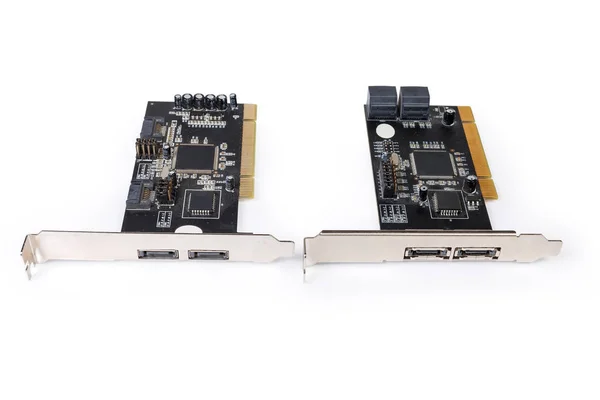 Дві картки контролера масиву дисків для ПК на білому тлі — стокове фото