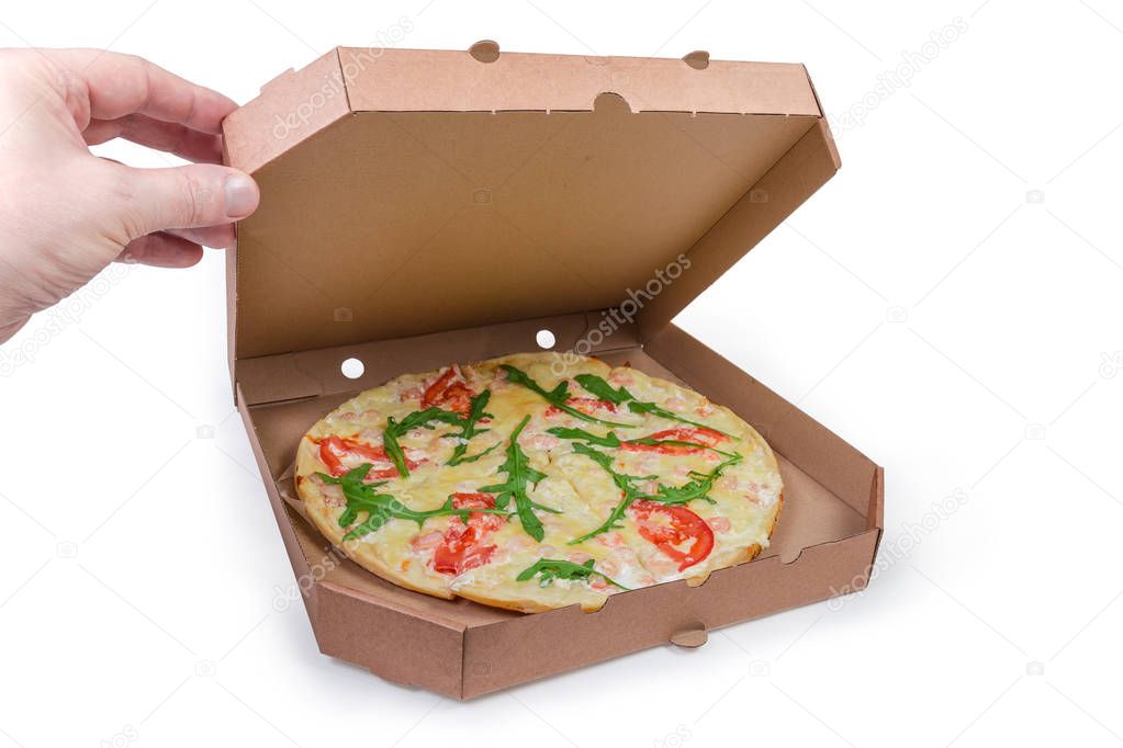 Cooked pizza with seafoods in partly open cardboard pizza box