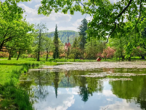 Lac dans le parc dans une vallée de montagne, Carpates — Photo