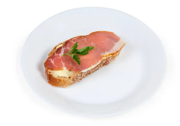 打开三明治, 配上腌制猪肉, 并在菜上装饰有青菜 — 图库照片