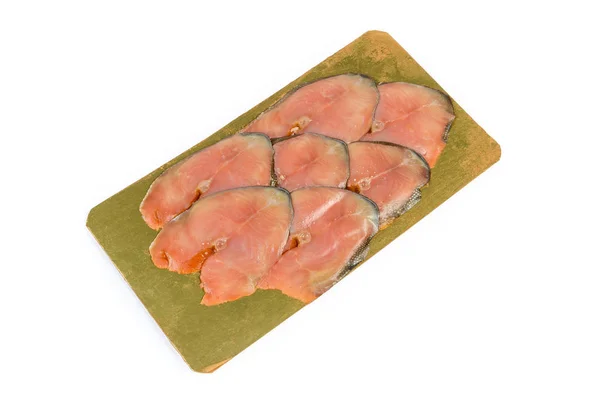 Plátky uzených růžových lososů na laminované potravinářské substráty — Stock fotografie