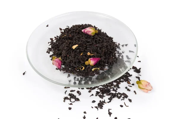 Çay tabak ve yanında çin gül tomurcukları ile yaprakları — Stok fotoğraf