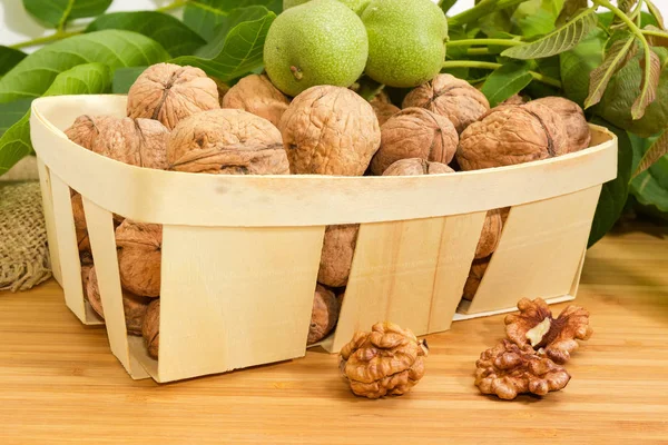 Walnuts in wooden basket against walnut branches with unripe fruits — Stock Photo, Image