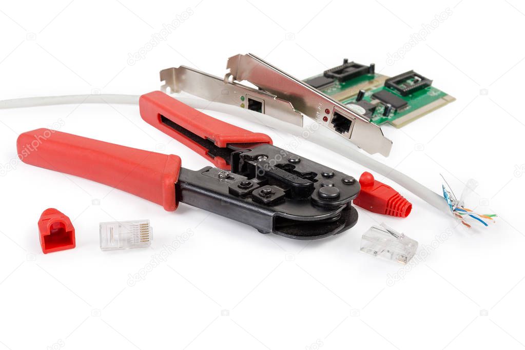Crimping pliers and some network components for twisted pair 
