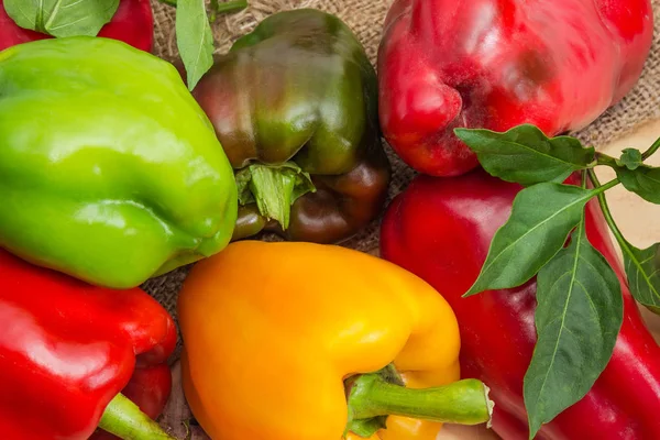 Çuval bezi üzerinde yaprakları ile çeşitli biber parçası