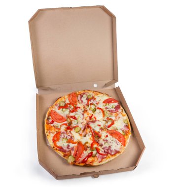 Beyaz arka plan üzerinde açık karton kutupizza