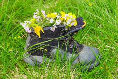 Bir çocuk trekking çizme kır çiçekleri Buket