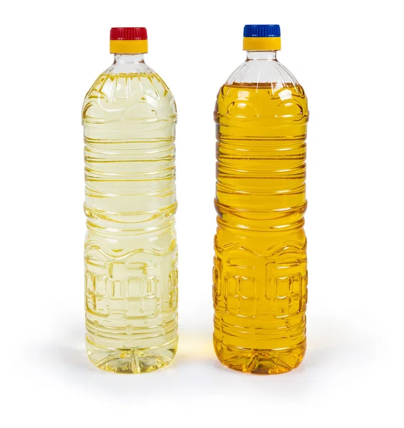 Aceite de girasol sin refinar prensado en frío y refinado en dos botellas — Foto de Stock