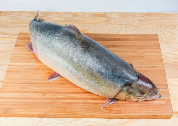 Fresh uncooked arctic char on a wooden cutting board — Stock Image Fresh uncooked arctic char on a wooden cutting board Stock Photo
