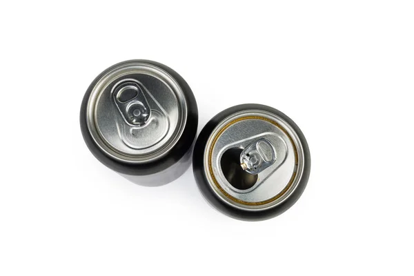 Vista superior de dos latas de bebidas metálicas, abiertas y cerradas —  Fotos de Stock