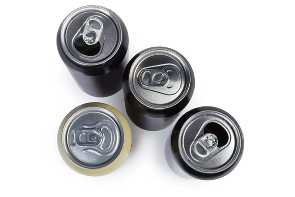 Vista superior de diferentes latas de bebidas selladas y abiertas —  Fotos de Stock