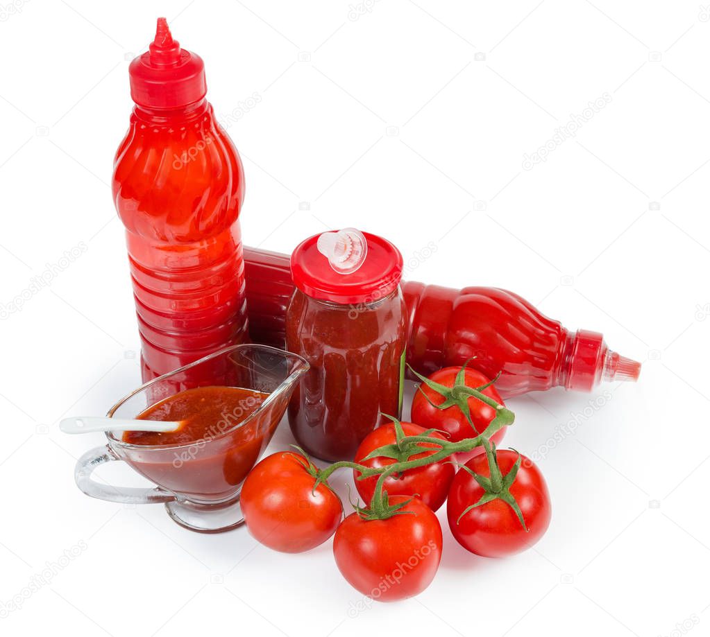 Various tomato sauces in different packings and fresh tomatoes branch