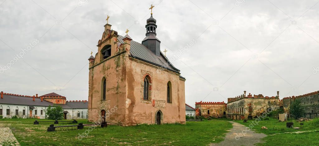 Mediaeval Medzhybizh fortress, courtyard with church. Khmelnytska Oblast, Ukraine