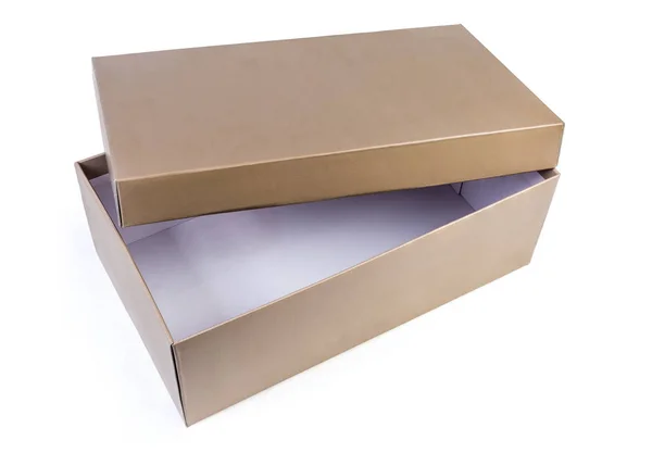 Caixa de sapato de papelão parcialmente aberta em um fundo branco — Fotografia de Stock