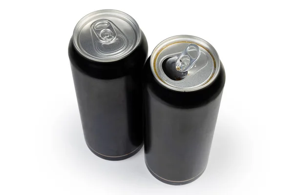흰색 배경에 열린 폐쇄 된 검은 색 금속 음료 캔 — 스톡 사진