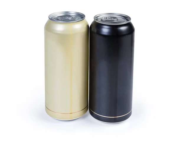 Duas latas de bebidas seladas diferentes em um fundo branco — Fotografia de Stock