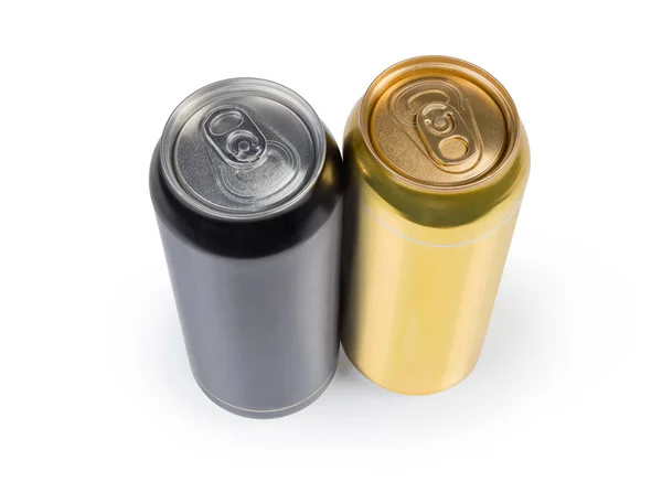 Yellow and black sealed beverage cans on a white background — 스톡 사진