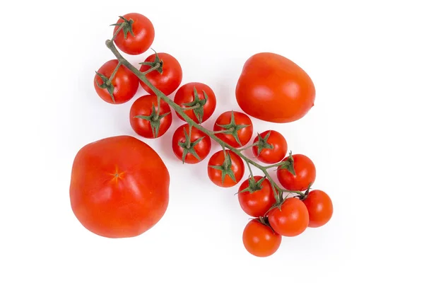 Vista superior do conjunto de tomates cereja e tomates comuns — Fotografia de Stock