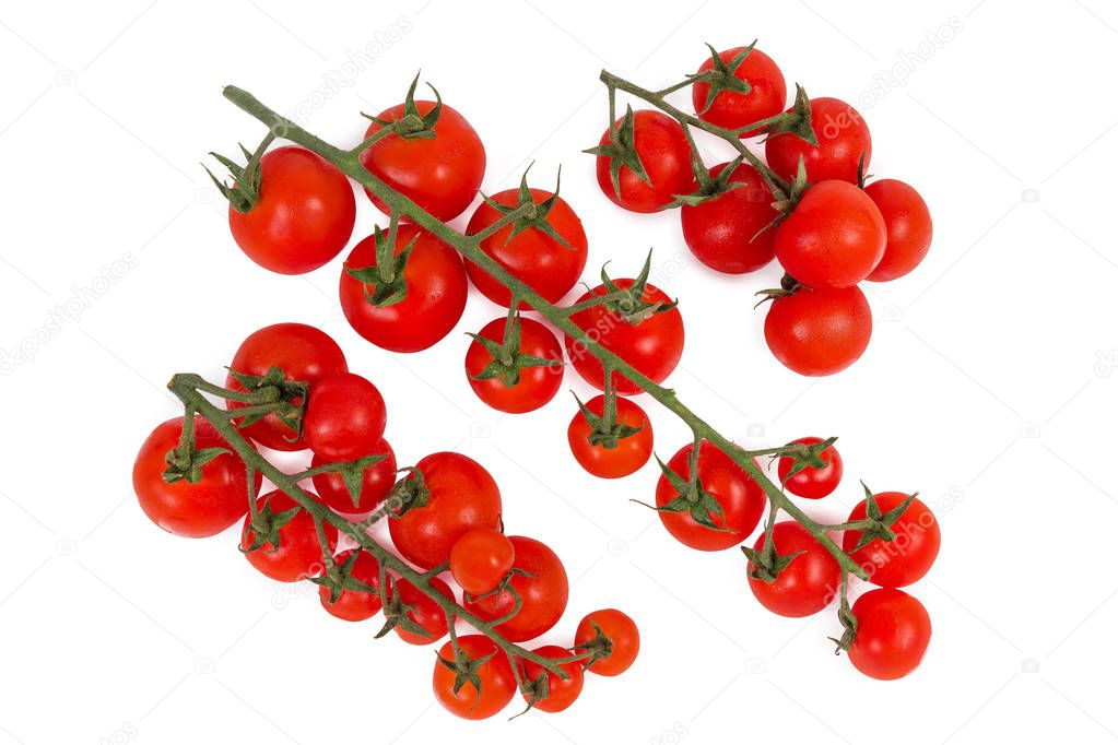 Top view of clusters of cherry tomatoes on white background