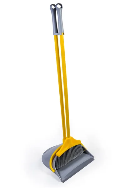 Plastic broom for sweeping floors with dustpan on white background — Stock Photo, Image