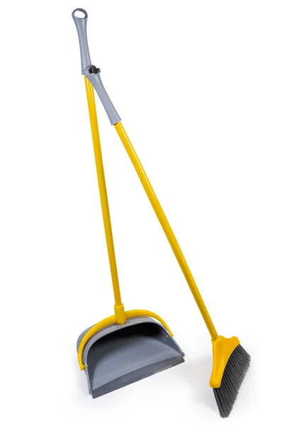 Plastic broom for sweeping floors with dustpan on white background — Stock Photo, Image