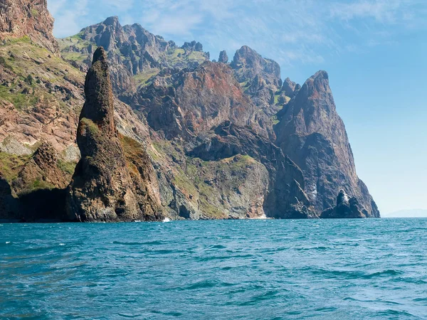 Coastal cliffs of volcanic origin against of sea and sky