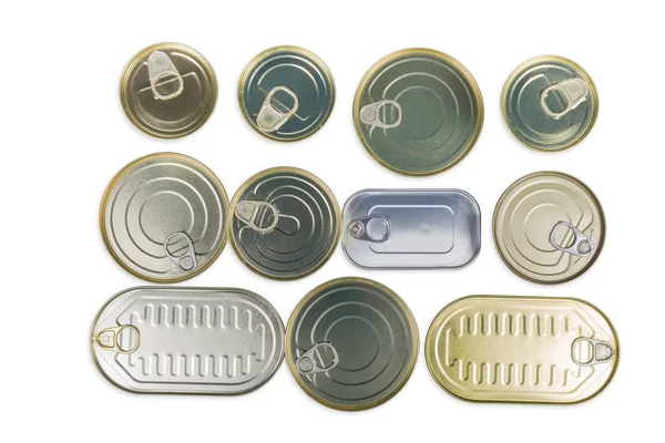 Top view of different sealed tin cans of canned fish — Stock Photo, Image